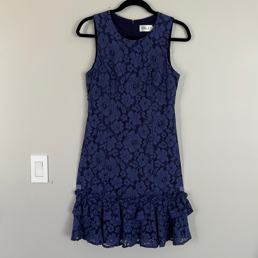Eliza J. Blue Lace Ruffle Hem Mini Dress Sz 4